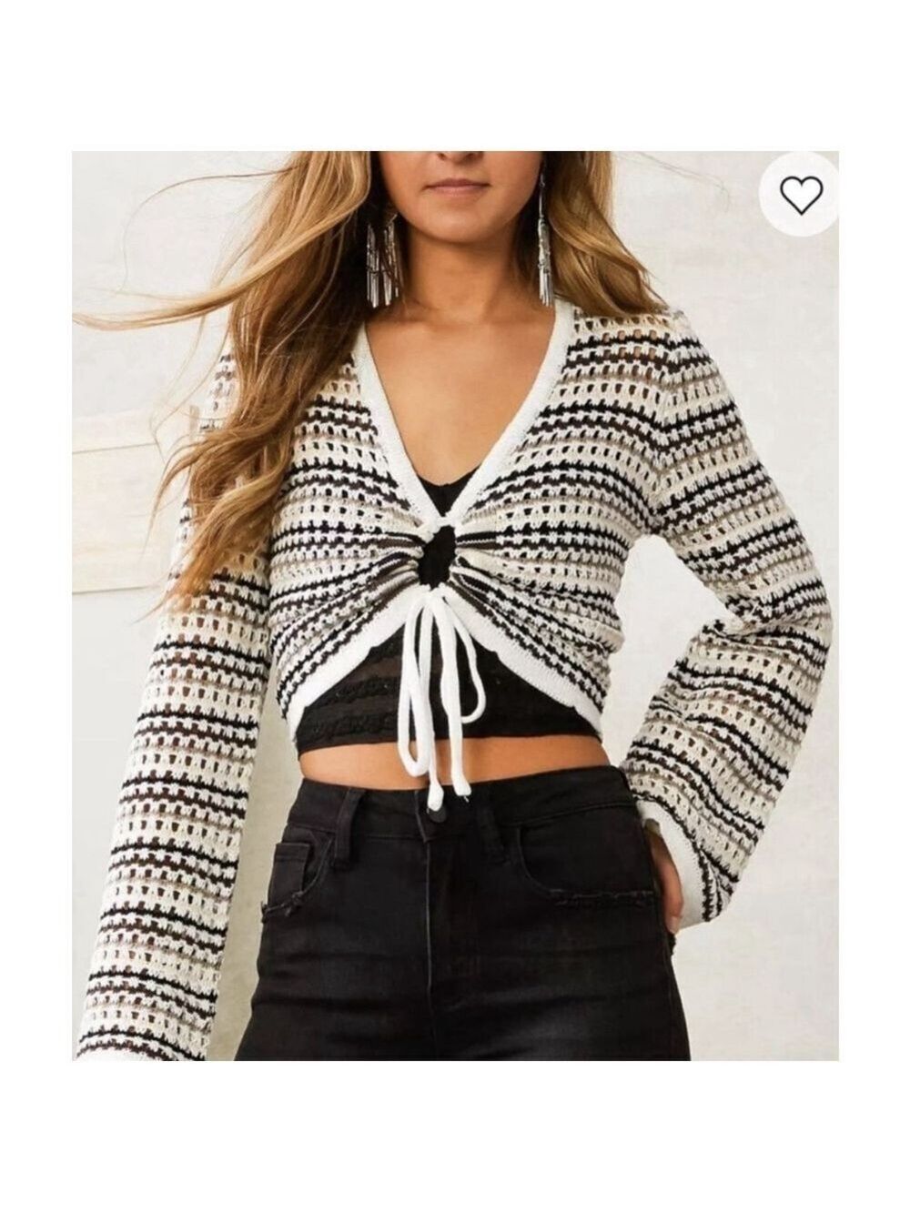 Emory Park Boho Feminine Crochet Knit Cream Multicolored Cropped Sweater